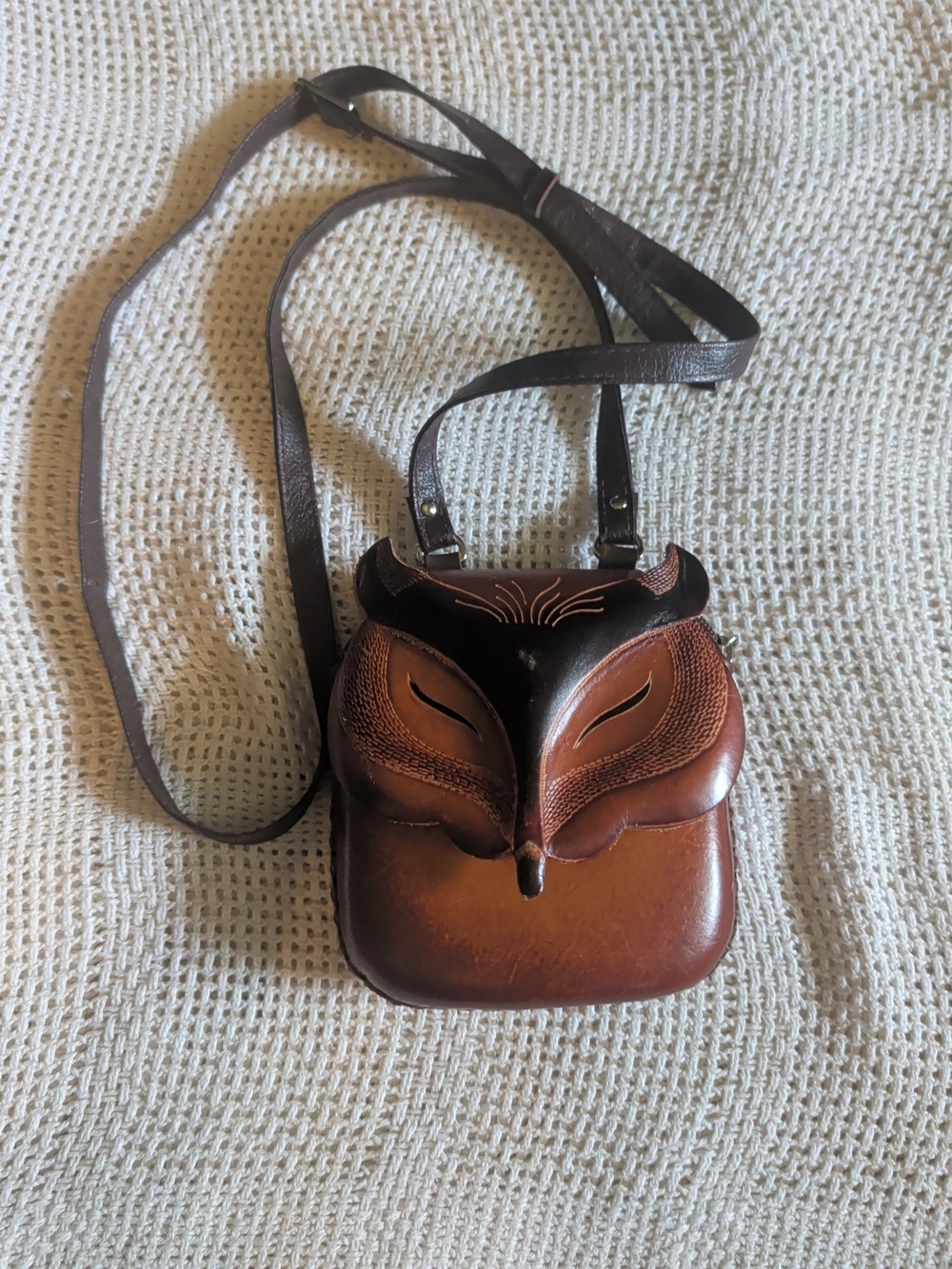 Leather Fox Face Crossbody Bag - Brown